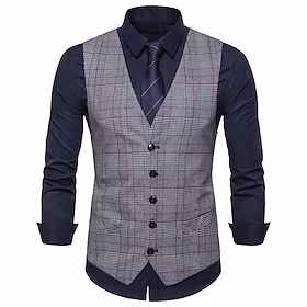 Herre سترة Gilet Vindtett Hurtigtørkende Bryllup Arbeid Virksomhet Enkeltkneppet V-hals Forretning Fritid Smart Casual Jakke Yttertøy Pledd / Tern Lomme Lysegr