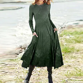 Dame Uformell kjole Etnisk kjole Swingkjole Midikjole Grønn Langermet Fargegradering Lomme Vinter Høst Rund hals Ferie Vinter kjole Høst kjole 2023 S M L XL XX