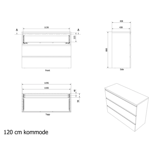 Vikingbad MIE Kommode Slett - Mål: B(60-120)Xh88xd46cm Hvit Høyglans / 120cm