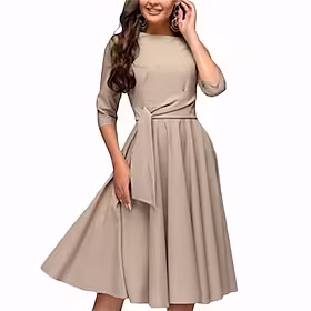 Dame Swingkjole Kjole med A-linje Kirkekjole Midikjole Navyblå Grønn Beige Halvlange ermer Ren farge Blondér Vinter Høst Crew-hals Kontor Fest 2023 S M L XL XX