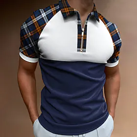 Herre POLO T-skjorte Golf skjorte Zip Polo Kvart zip-polo Ruter Aftæpning Blå Trykt mønster Avslappet Daglig Kortermet Glidelås Trykt mønster Klær Mote Fritid