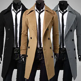 Herre Vinterfrakk Ytterfrakk Peacoat Trenchcoat Formell Virksomhet Vinter Polyester Hold Varm Varm Yttertøy Klær Frakker / jakker Helfarge Gammeldags stil Hakk