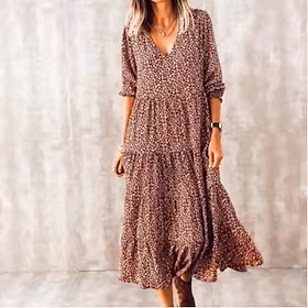 kvinners fritidskjole svingkjole lagdelt kjole midikjole blå brun langermet print høst vår sommer v-hals boho vinterkjole høstkjole 2023 s m l xl xxl 3xl