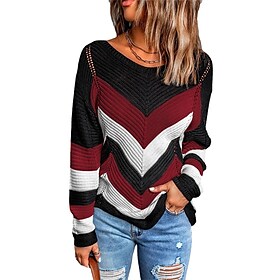 genser for damer genser ribbestrikket strikket patchwork fargeblokk rund hals stilig uformell hverdagsferie høst vinter brun 3xl
