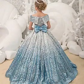 barn små jenter off shoulder kjole gradient paljett ensfarget en linje kjole fest spesiell anledning bursdag paljetter blonder rynket maxi kortermet elegante p