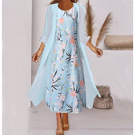 Dame Kjolesett Todelt kjole Midikjole Lysegrønn Lyseblå 3/4 ermer Blomstret Trykt mønster Høst Vår Crew-hals Elegant 2023 S M L XL XXL 3XL