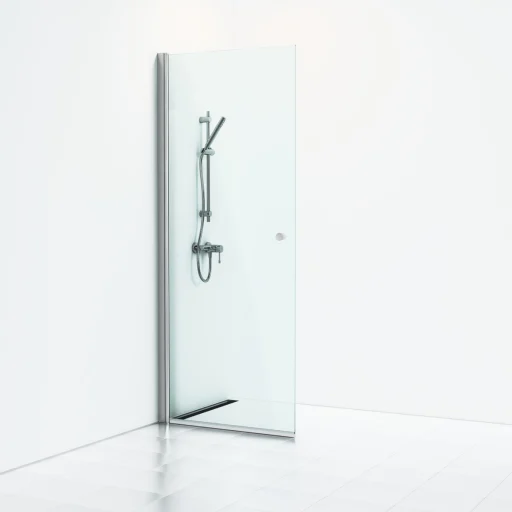 Svedbergs Skoga svingbar dusjvegg 77 cm, høyde 225 cm, klart glass/blank Alu, m/knoppgrep