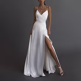 kvinners festkjole satengkjole lang kjole maxi kjole blå hvit ermeløs ren farge split vår sommer dyp v hot elegant fest 2023 s m l xl xxl / bryllupsgjest / hvi