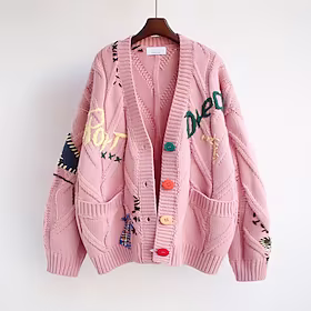 Dame Kofte Broderi Lomme Knapp Bokstaver Gammeldags stil Fritid Langermet Normal Genser og cardigans V-hals Høst Vinter Rosa Rød Aprikos / Ut på byen