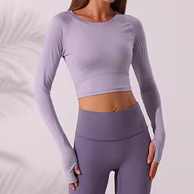 Dame Crew-hals Yoga topp Vinter Lapper Tommelhull Helfarge Svart Grønn Spandex Yoga Danse Sko Trening Treningsøkt T skjorte Topper Sport Sportsklær Pustende H