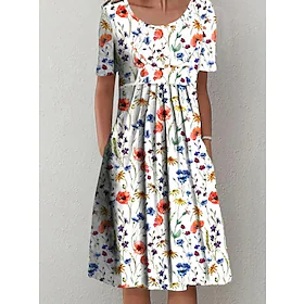 Dame Uformell kjole Floral kjole Midikjole Hvit Kortermet Blomstret Rynket Vår Sommer Crew-hals Grunnleggende Daglig Feriereise Helg 2023 S M L XL XXL 3XL