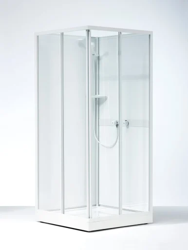Ifö Next dusjkabinett 90x90 cm,NKH m/skyvedører i klart glass. Bakvegger i hvit styren m/hvitlakkerte profiler
