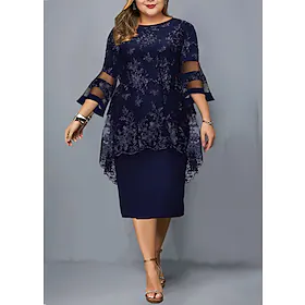 kvinner pluss størrelse kurve festkjole trykk rund hals print 3/4 lengde erme vår høst elegant formell midi kjole fest cocktail kjole kjole