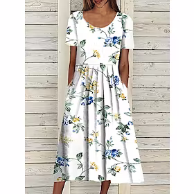 Dame Uformell kjole Midikjole Hvit Kortermet Blomstret Rynket Vår Sommer Crew-hals Grunnleggende Helg Løstsittende 2023 S M L XL XXL 3XL