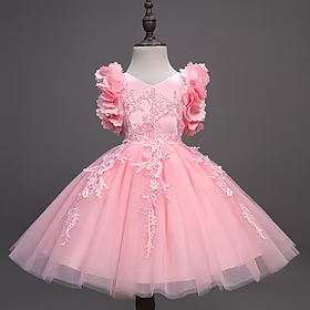 Barn Jente Kjole Blomstret Kjole med A-linje Midi Kjole Ytelse Blonde Kortermet Prinsesse Kjole 3-10 år Sommer Lilla Rosa Lysegrønn