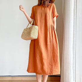 Dame Uformell kjole Skiftkjole Midikjole Rosa Navyblå Blå Kortermet Ren farge Lomme Vår Sommer Crew-hals Grunnleggende Daglig Helg Vårkjole 2023 M L XL XXL 3XL