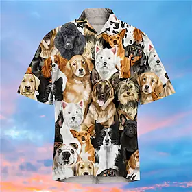 Herre Skjorte Grafisk skjorte Dyr Hund Aftæpning Svart Trykt mønster utendørs Gate Kortermet Knapp ned Trykt mønster Klær Mote Designer Fritid / Sommer / Vår /