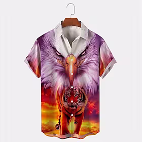 Herre Skjorte Hawaii skjorte Tiger Grafiske trykk Ørn Aftæpning Lilla utendørs Gate Kort Erme Knapp ned Trykt mønster Klær Tropisk Mote Hawaiisk Designer
