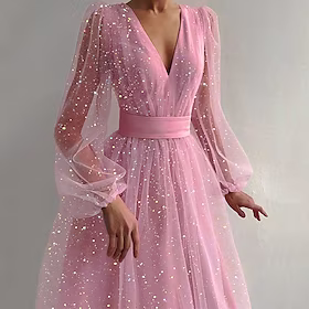 festkjole for kvinner svingkjole midikjole rosa kortermet ren farge paljetter mesh vår høst v-hals hot elegant romantisk fest 2023 s m l xl