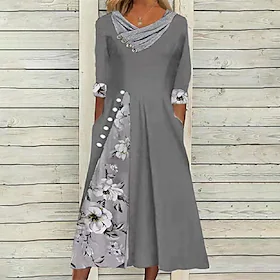 swingkjole for kvinner midikjole grønn blå grå halvermet floral split print høst vår v-hals stilig casual 2023 s m l xl xxl 3xl