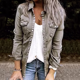 Dame Jakke Denimjakker Kort Lomme Frakk Grønn Svart Grå Aktiv Gate Høst Enkeltkneppet Firkantet hals Normal S M L XL XXL / Daglig