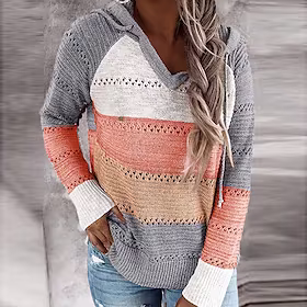Dame Pullover genser Jumper Heklet Strikke Tunika Tynd Fargeblokk Med hette Fritid Myk Arbeid Daglig Vinter Høst Grønn Svart S M L
