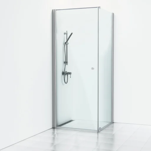 Svedbergs Skoga dusjhjørne 90 x 83 cm, dør og fast vegg, høyde 225 cm, klart glass/blank alu