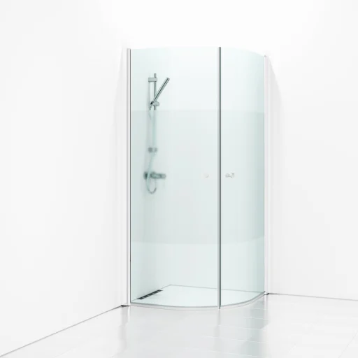 Svedbergs Skoga buet dusjhjørne 80 x 80 cm, halvfrostet glass/matt hvit, m/knoppgrep