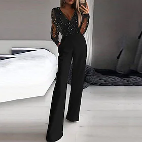 dame jumpsuit mesh paljett ensfarget v-hals elegant party ball normal passform langermet svart s m l vår