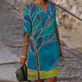 Dame Skiftkjole Midikjole Blå Grønn Grå Halvlange ermer Blomstret Trykt mønster Vår Sommer V-hals Grunnleggende Daglig Feriereise Helg 2023 S M L XL XXL 3XL