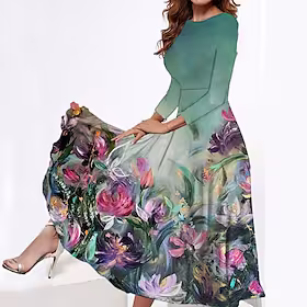 Dame Uformell kjole Swingkjole Midikjole Blå Grønn Langermet Blomsternål i krystall Lomme Vinter Høst Vår Crew-hals Mote Daglig Helg 2023 S M L XL XXL 3XL