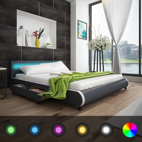 vidaXL seng med madras i memoryskum LED grå kunstlæder 180 x 200 cm