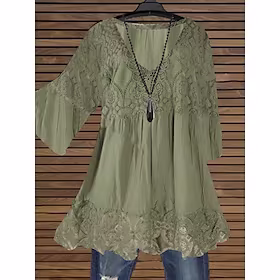 Dame Pluss størrelse Topper Bluse Skjorte عادي Trykt mønster 3/4 ermer V-hals Festival Ut på byen Helg Polyester Høst Vår Grønn / Store størrelser / Store stør