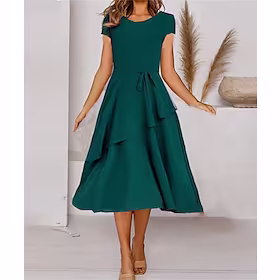 Dame Uformell kjole Smaragdgrønn kjole Midikjole Grønn Kortermet Ren farge Blondér Vår Sommer Båthals Elegant 2022 M L XL 2XL 3XL 4XL