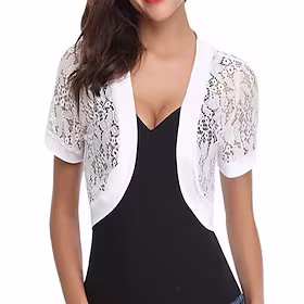 Dame Bolero Strikket Blonder Ren farge Boleroer Stilfull Grunnleggende Kort Erme Genser og cardigans Åpen Forside Vår Sommer Hvit Svart Rød