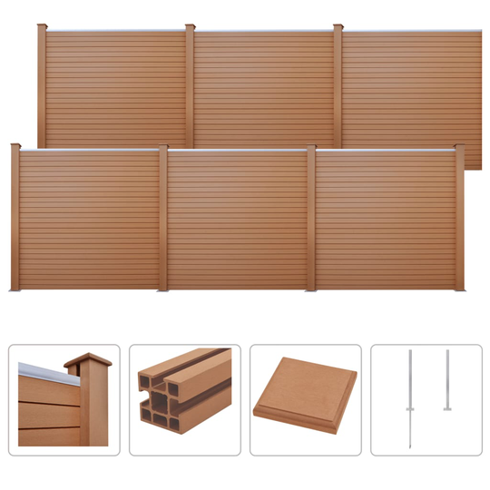 vidaXL hegnssæt WPC 6 firkantede 1053 x 187 cm brun
