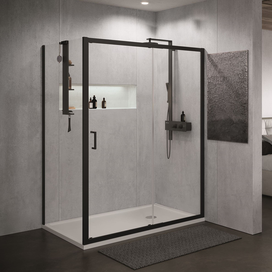 Novellini Zephyros 2.0 2p-fh Fastvegg for Ramme 80-100cm Svart Matt / 100cm Klart Glass