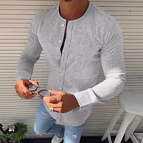 Herre Skjorte Skjorte med knapper Sommerskjorte عادي Ensfarget Rund hals Svart Blå Brun Grønn Kakifarget Avslappet Daglig Langermet Knapp ned Klær Mote Fritid