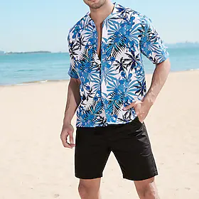 Herre Skjorte Hawaii skjorte Skjorte med knapper Strandskjorte Blomstret skjorte Blomstret Aftæpning Sea Blue Gul Blå Blå / Hvit utendørs Avslappet Kortermet T
