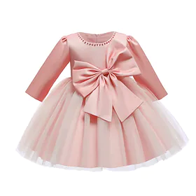 Baby Litt Jente Kjole Ensfarget Tutu-kjole Pegeant Netting Sløyfe Rosa Gul Rød Knelang Langermet søt stil Prinsesse Kjoler Høst Tynn 1-4 år