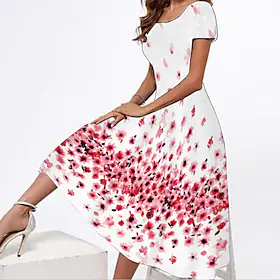 Dame Uformell kjole Swingkjole Midikjole Hvit Gul Rosa Kortermet Dyr Trykt mønster Vår Sommer Firkantet hals Stilfull Helg 2022 S M L XL XXL 3XL