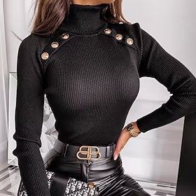 damegenser genser genser ribbestrikket strikket patchwork ren farge turtleneck stilig uformell hverdagsferie høst vinter khaki 2xl