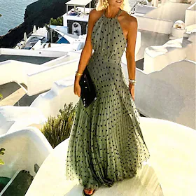 fritidskjole for kvinner svingkjole prikkete kjole lang kjole maxi-kjole grønn svart blå ermeløs prikkete vår-sommer halter neck gotisk daglig 2023 s m l xl