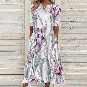 Dame Uformell kjole Midikjole Hvit Kortermet Blomstret Lomme Vår Sommer V-hals Ferie 2023 S M L XL XXL 3XL