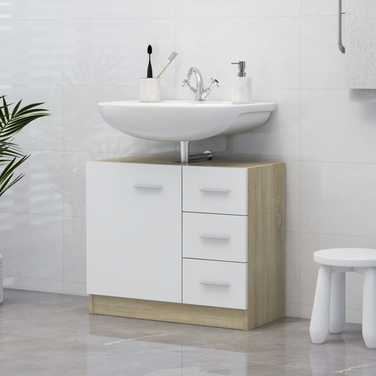 vidaXL skab til håndvask 63x30x54 cm konstrueret træ hvid og sonoma-eg