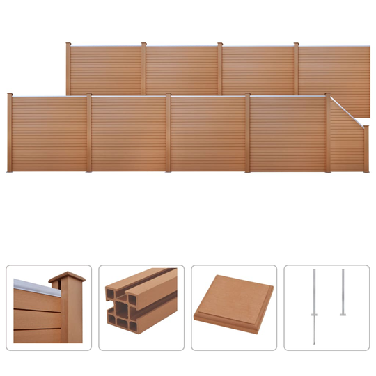 vidaXL hegnssæt WPC 8 firkantede + 1 skrå 1495 x 187 cm brun