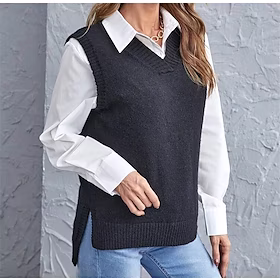 Dame Genser vest Jumper Strikke Strikket Ren farge V-hals Grunnleggende Stilfull Skole Daglig Vår Sommer Svart Vin S M L / Ermeløs / Ermeløs / Fritid / Normal