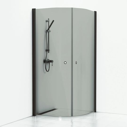 Svedbergs Skoga Dusjhjørne Buet Hullgrep Svart Matt / 80x90cm Røkfarget Glass