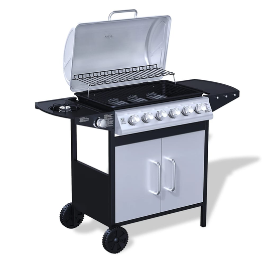 vidaXL gasgrill rustfrit stål 6 + 1 brændere sort og sølvfarvet