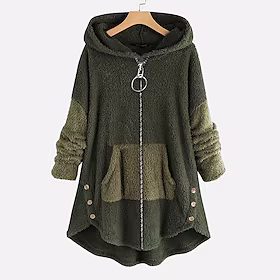 Dame Pluss størrelse Teddyfrakk Vinterfrakk Knapp Lomme عادي Avslappet Ferie Langermet Med hette Normal Vinter Høst Grønn Svart L XL XXL 3XL 4XL